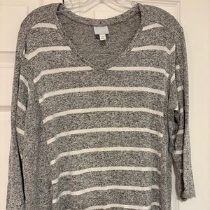 Sunday by Dress Barn Gray and White Striped 3/4 Sleeve Sweater